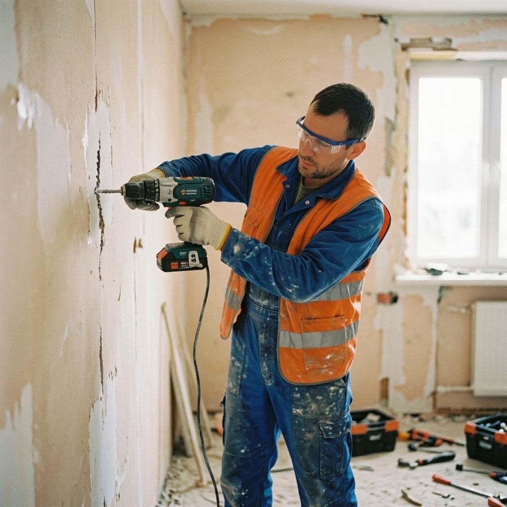 Handyman using a power drill during a home repair job