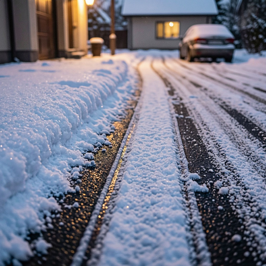 Snow-covered residential driveway with hydronic snow-melting system installed