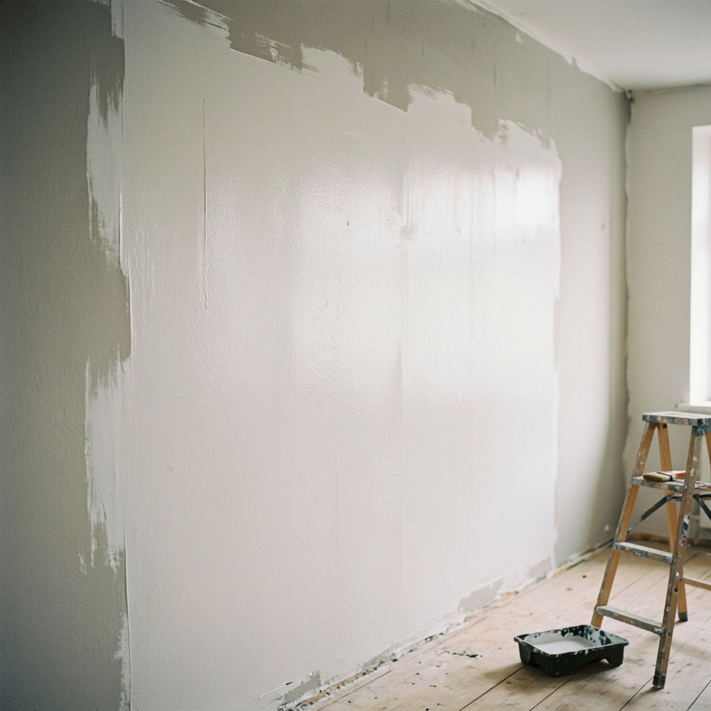 Freshly painted interior wall after drywall patch repair