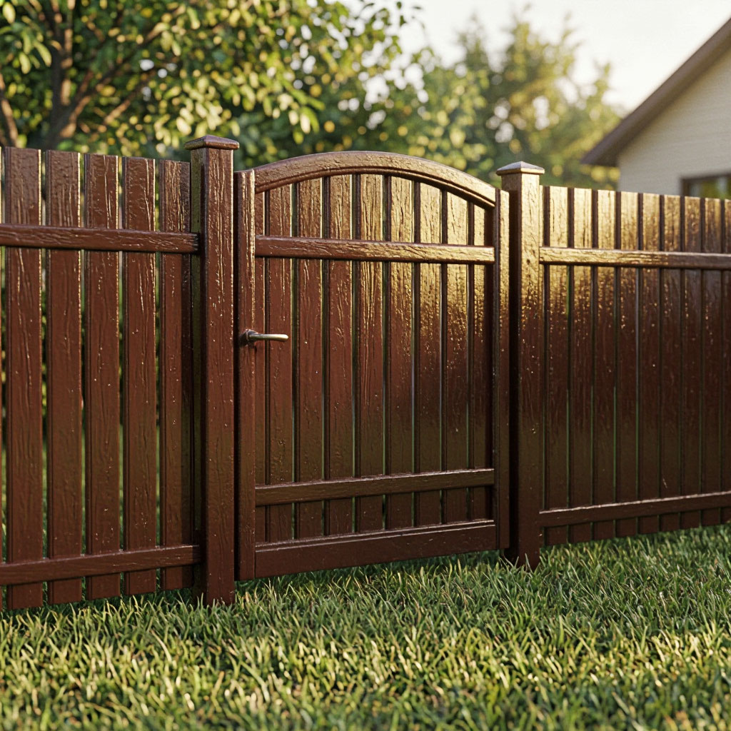 Wooden residential fence and gate after repair and staining