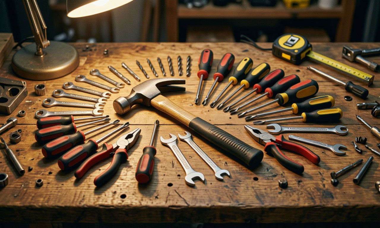 Handyman tools laid out on a workbench ready for a home repair job